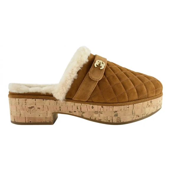 Chanel 21B Brown Suede Turnlock CC Logo Shearling Fur Mule Flat Clog Loafer 38 - Picture 1 of 11